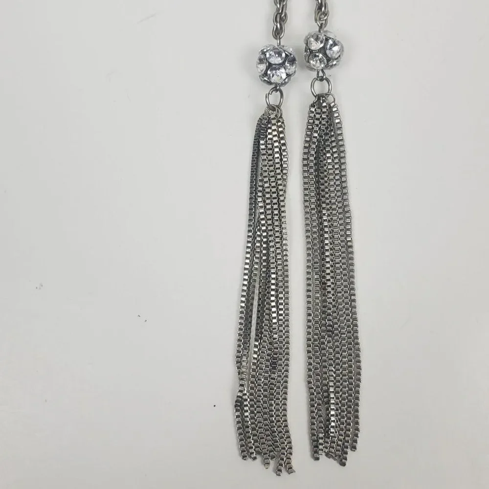 Vintage Silver Tone Rope Chain Box Tassel Round Clear Ball Lariat Opera Necklace